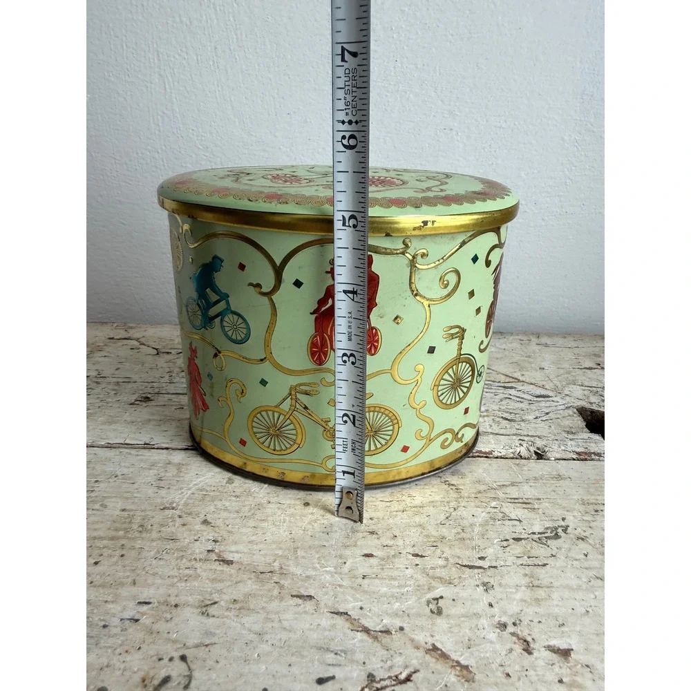 Vintage Baret Ware Art Grace Oval Tin England Victorian Bicycle Graphics Green
